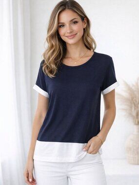 Vince Womens Blue White Colorblock Cuffed Short Sleeve Top Size Small